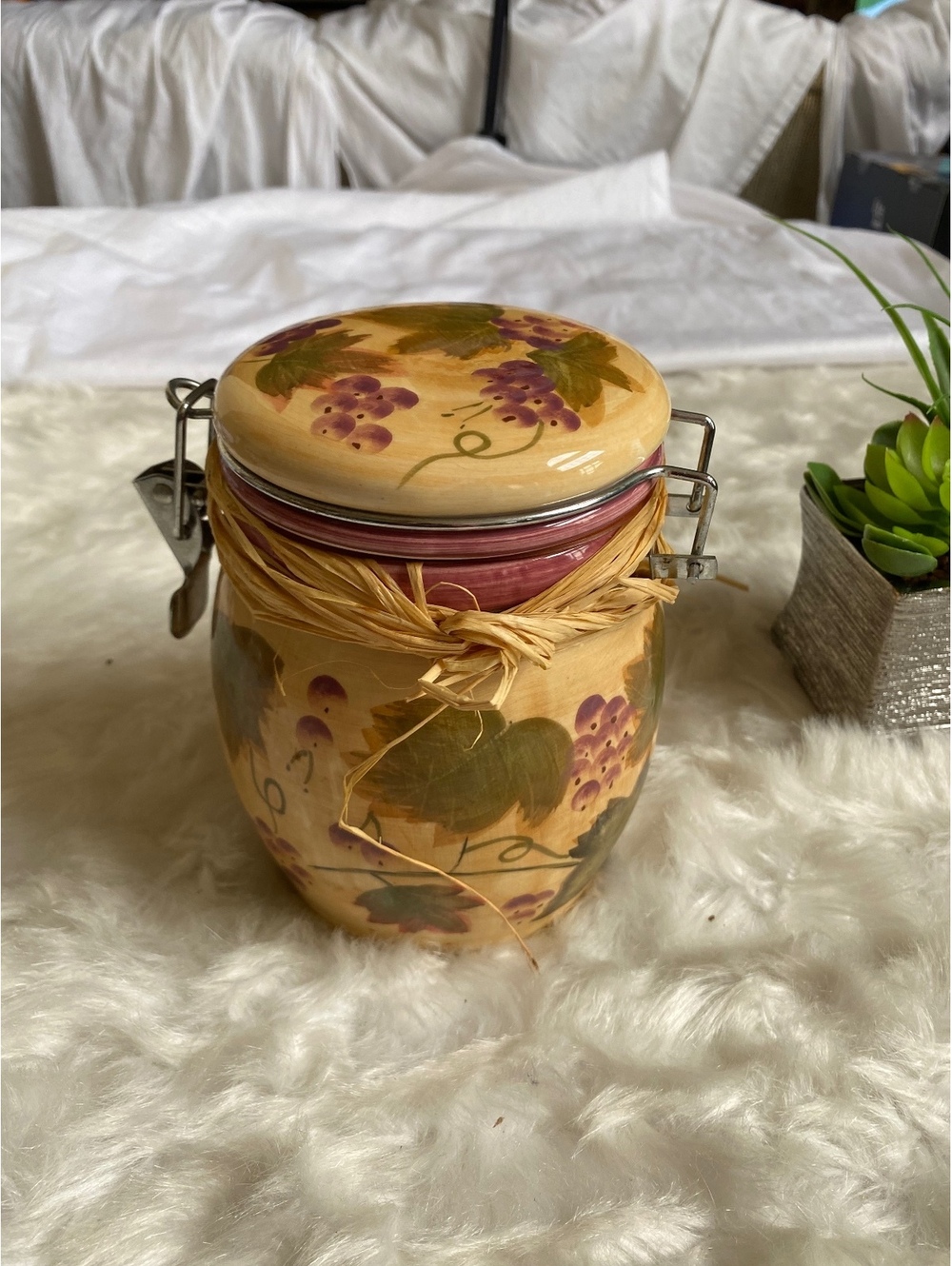 Hand-Painted Ceramic Grape Design Storage Jar with Clamp Lid